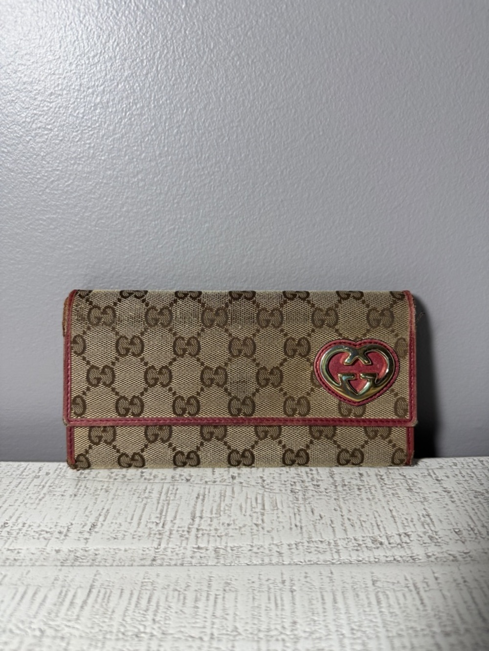 Gucci Beige Brown Monogram Continental Wallet with Pink Trim and Heart Logo